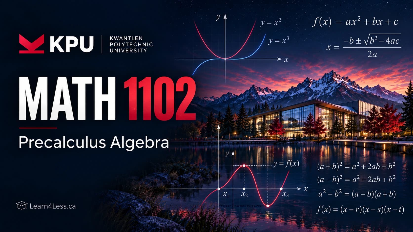 KPU MATH 1102: Precalculus Algebra — equations, inequalities, functions and graphs KPU MATH 1102 course card for Precalculus Algebra. The parabola y = x² and the cubic y = x³ are graphed together, beside the quadratic formula, the difference-of-squares and binomial-square identities, and a curve with its roots marked x₁, x₂ and x₃.