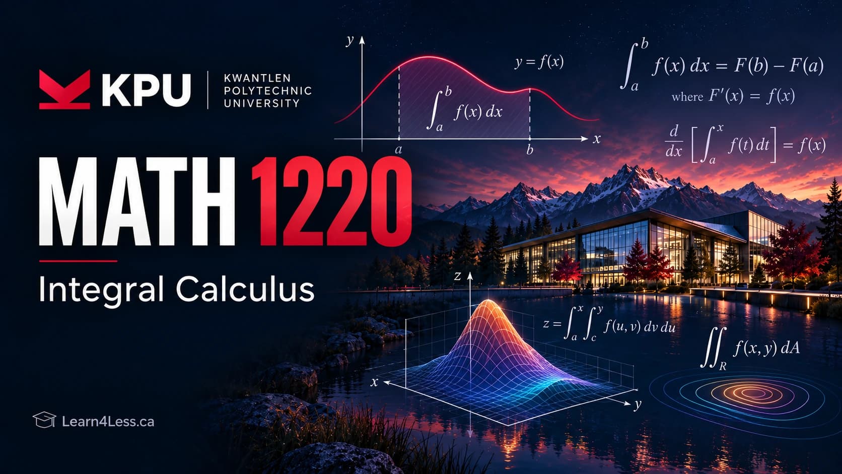 KPU MATH 1220: Integral Calculus — the Fundamental Theorem, techniques and series KPU MATH 1220 course card for Integral Calculus. The area under y = f(x) between a and b is shaded and labelled ∫ₐᵇ f(x) dx, beside both halves of the Fundamental Theorem of Calculus and a coloured peaked surface with an iterated integral and a double integral over a region R.