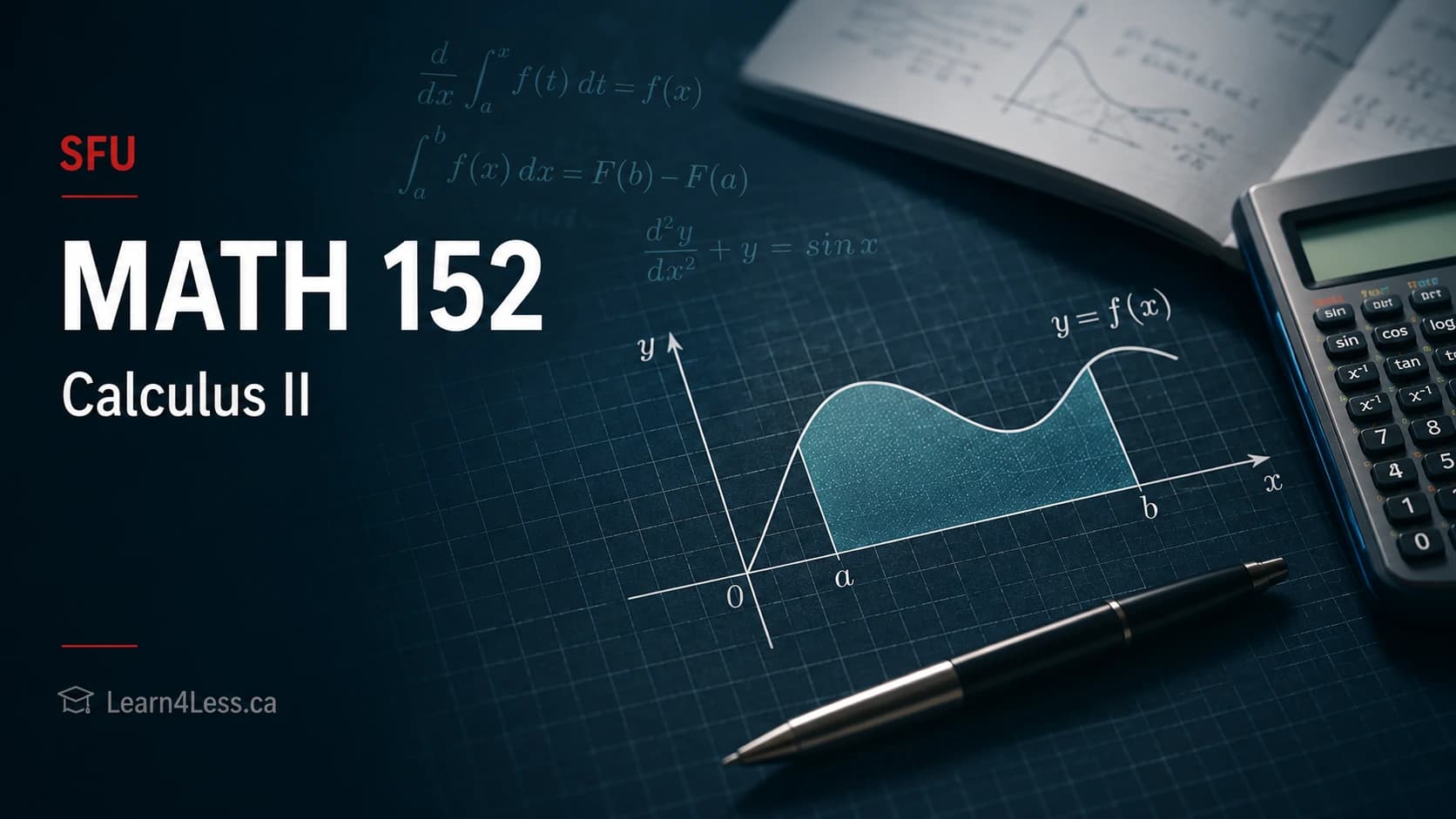 SFU MATH 152: Calculus II — integration techniques, series and applications SFU MATH 152 course card for Calculus II. A shaded region under y = f(x) is labelled ∫ₐᵇ f(x) dx = F(b) − F(a), beside the equation d²y/dx² + y = sin x, over a photograph of grid paper, a calculator and a pen.