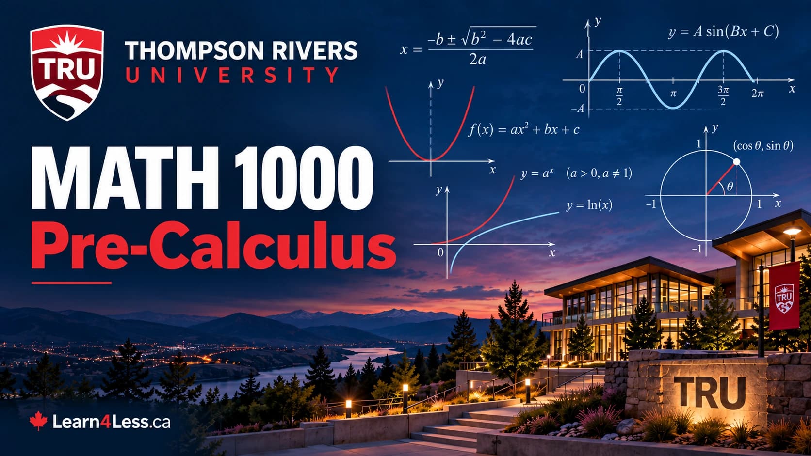TRU MATH 1000: Pre-Calculus — the functions calculus assumes you already know TRU MATH 1000 course card for Pre-Calculus. The quadratic formula sits above a parabola f(x) = ax² + bx + c, beside an exponential y = aˣ against a logarithm y = ln(x), a transformed sine wave y = A sin(Bx + C) graphed over one period, and the unit circle with (cos θ, sin θ) marked.