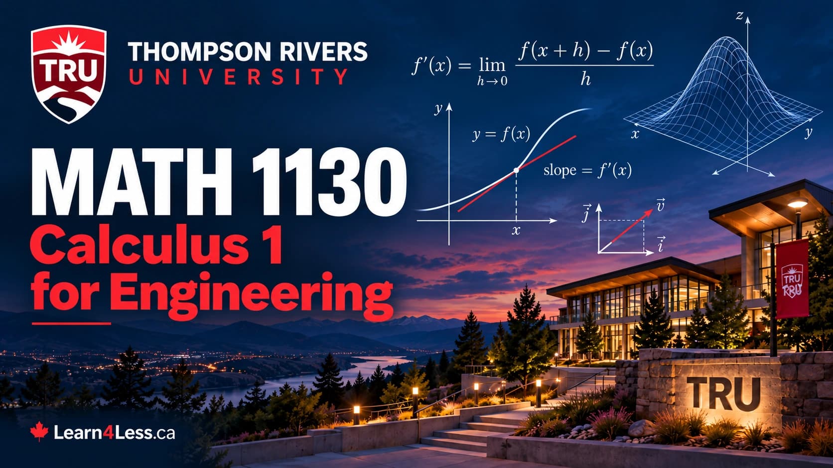 TRU MATH 1130: Calculus 1 for Engineering — derivatives as slopes and rates of change TRU MATH 1130 course card for Calculus 1 for Engineering. The limit definition of the derivative heads the frame above a curve with its tangent drawn in red and labelled slope = f′(x), beside a vector v resolved into components along the unit vectors i and j, and a wireframe surface in three dimensions.