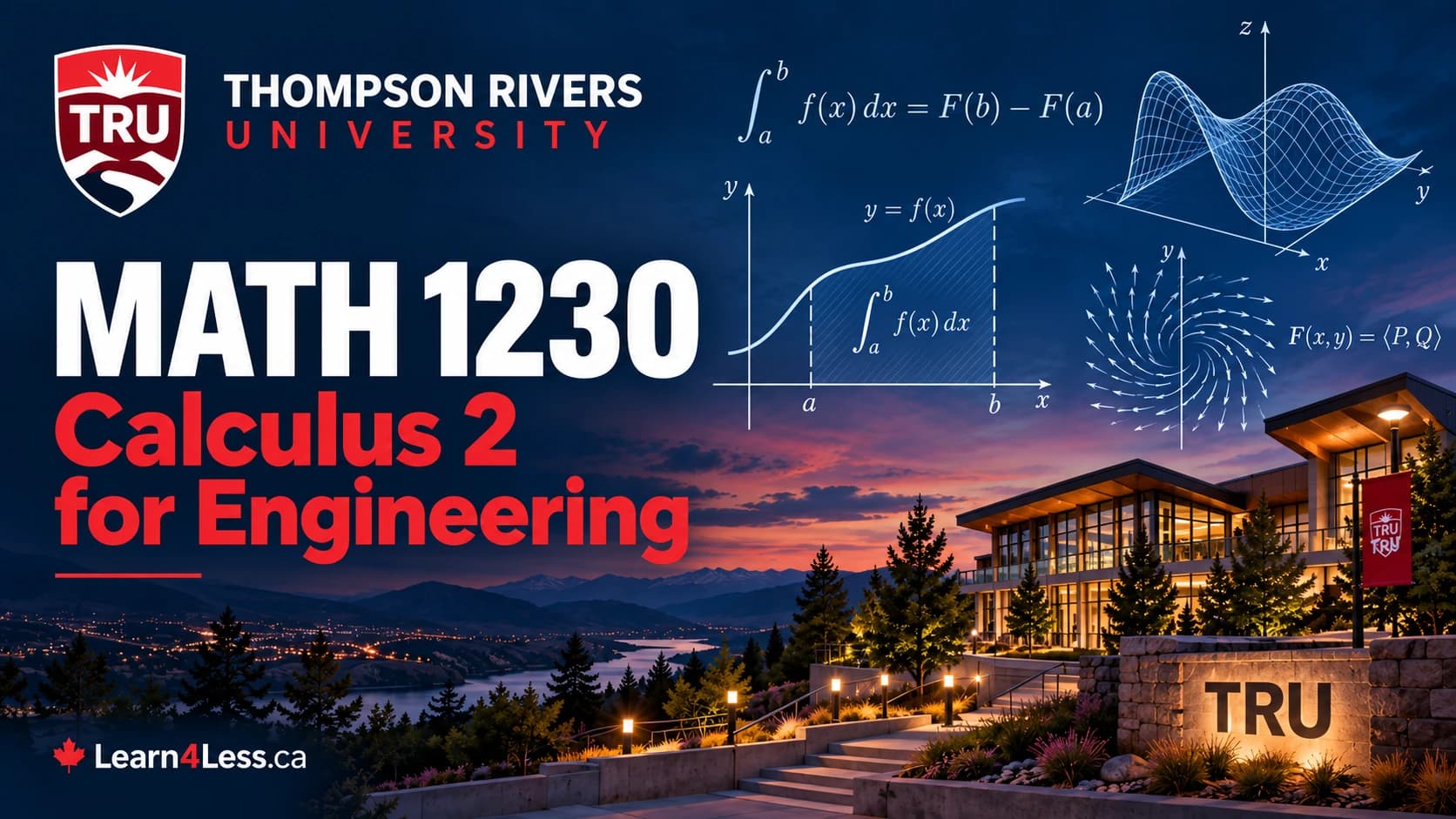 TRU MATH 1230: Calculus 2 for Engineering — integration, differential equations and Taylor series TRU MATH 1230 course card for Calculus 2 for Engineering. The Fundamental Theorem of Calculus heads the frame above a shaded region under y = f(x) labelled ∫ₐᵇ f(x) dx, beside a wireframe surface and a swirling plane vector field F(x, y) = ⟨P, Q⟩.