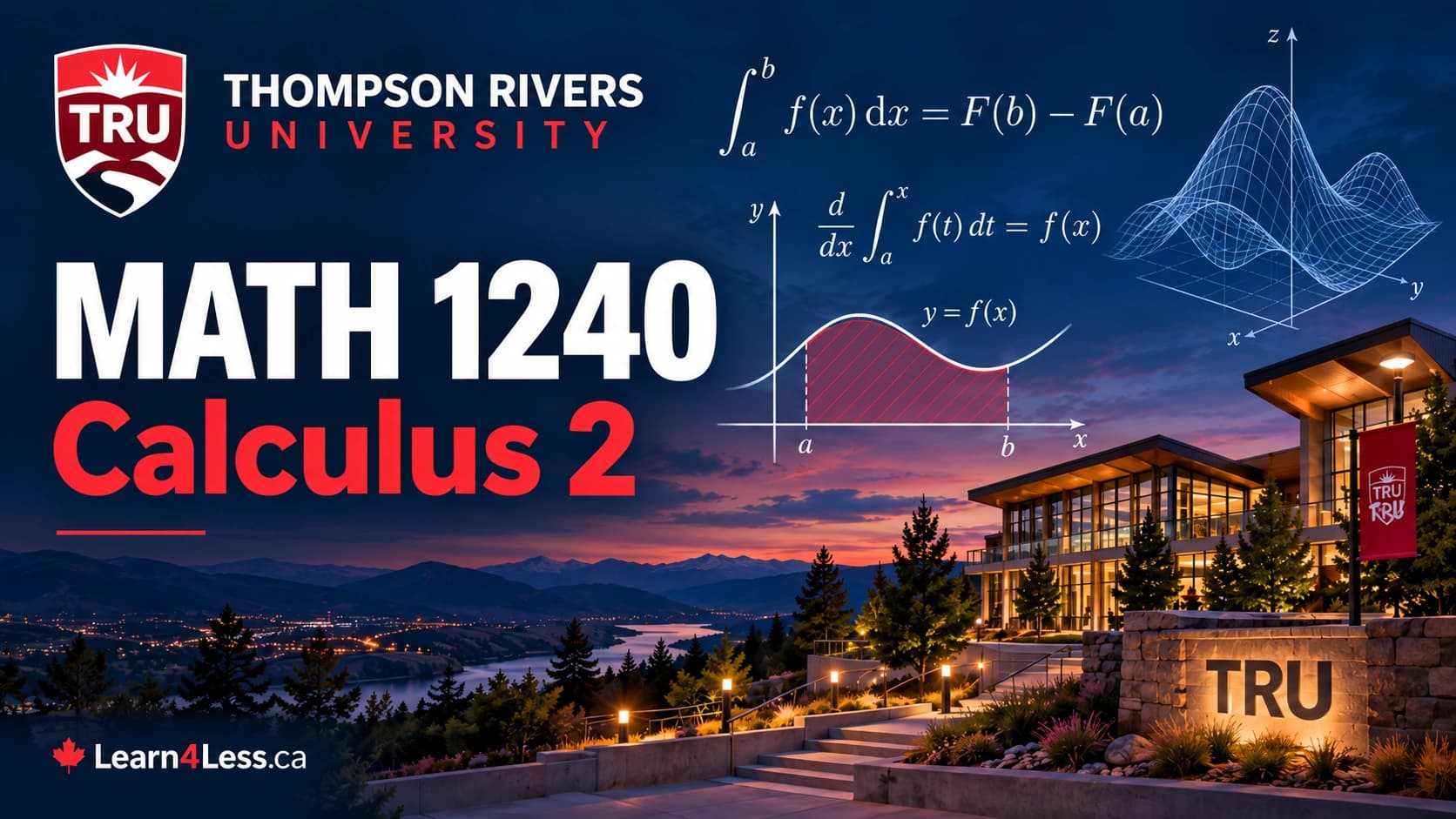 TRU MATH 1240: Calculus 2 — integration techniques, applications and series TRU MATH 1240 course card for Calculus 2. The Fundamental Theorem of Calculus is stated in both directions above a red-hatched region under y = f(x) between a and b labelled ∫ₐᵇ f(x) dx, beside a wireframe multi-peaked surface over the Kamloops campus at dusk.