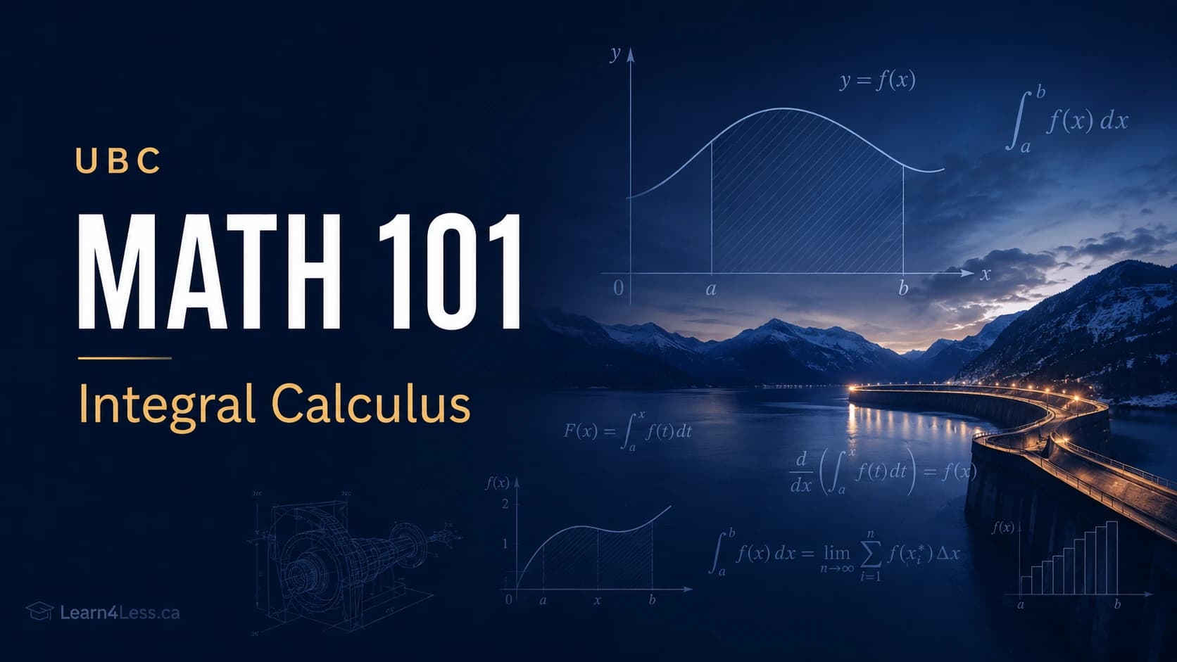 UBC MATH 101: Integral Calculus — Riemann sums, antiderivatives and accumulation UBC MATH 101 course card for Integral Calculus. The area under y = f(x) from a to b is shaded and labelled ∫ₐᵇ f(x) dx, beside the Fundamental Theorem of Calculus and a Riemann sum, over a photograph of a reservoir at dusk.