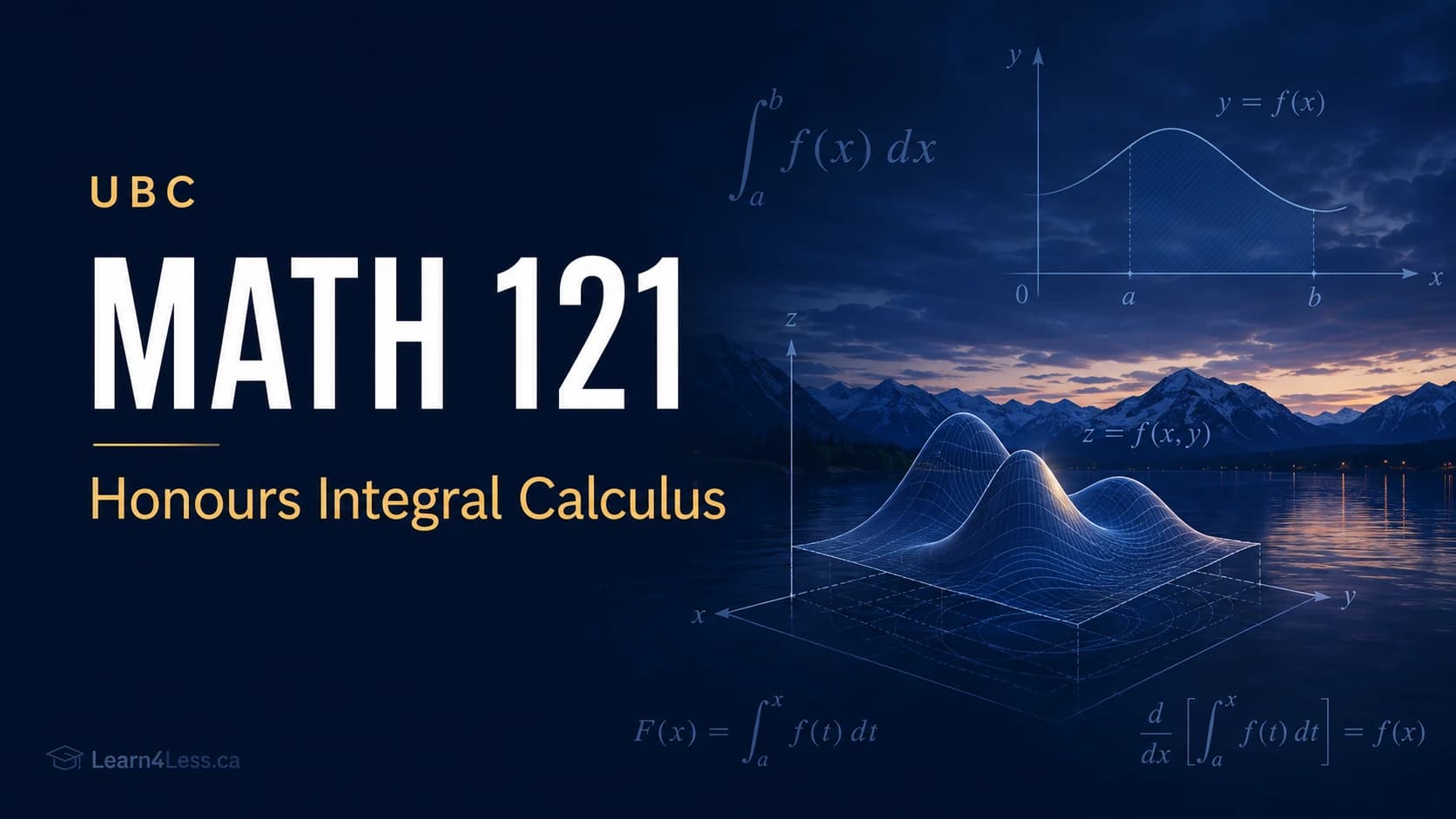 UBC MATH 121: Honours Integral Calculus — integration, series and rigour UBC MATH 121 course card for Honours Integral Calculus. ∫ₐᵇ f(x) dx labels a shaded region under y = f(x), beside a three-dimensional multi-peaked surface and both halves of the Fundamental Theorem, over a mountain lake at dusk.