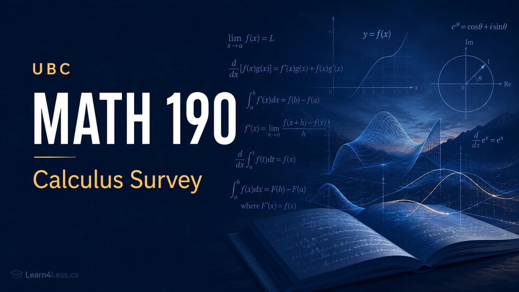 UBC MATH 190: Calculus Survey — the shape of calculus, end to end UBC MATH 190 course card for Calculus Survey. A limit, the product rule, the Fundamental Theorem of Calculus and Euler's formula e^{iθ} = cos θ + i sin θ with the unit circle, spread over a photograph of an open book.