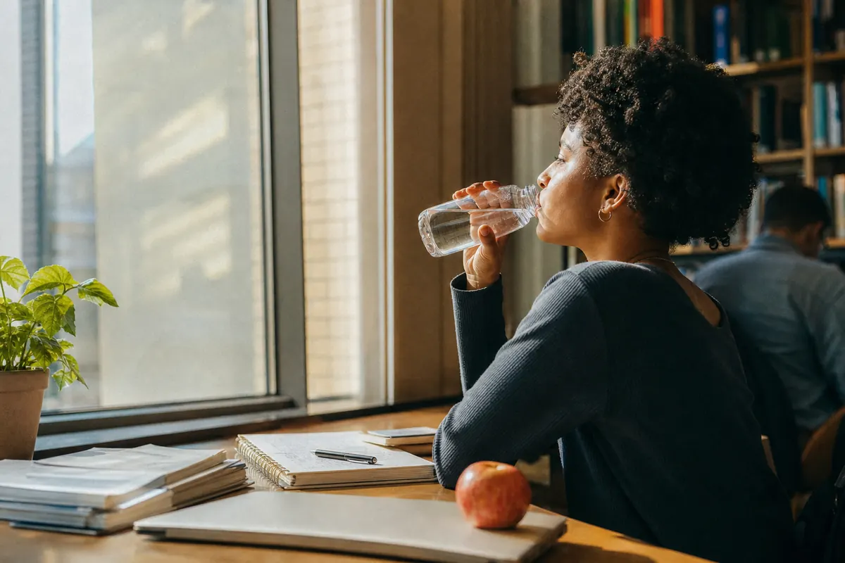 A student pauses beside an open notebook in a library, with a half-full water bottle kept within reach.
