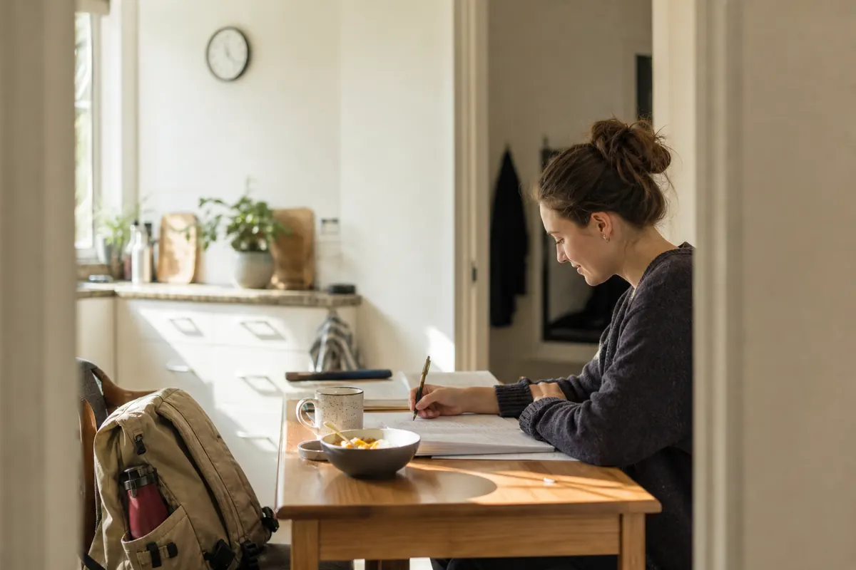 A university student practises a timed morning review at the kitchen table beside breakfast and a packed bag.