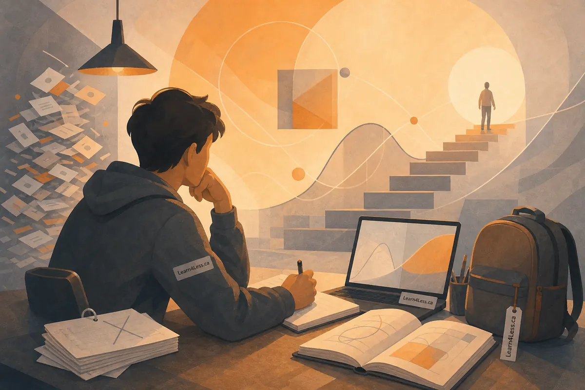 A student takes notes with a laptop and open textbook beside him, a staircase and pile of loose papers behind.