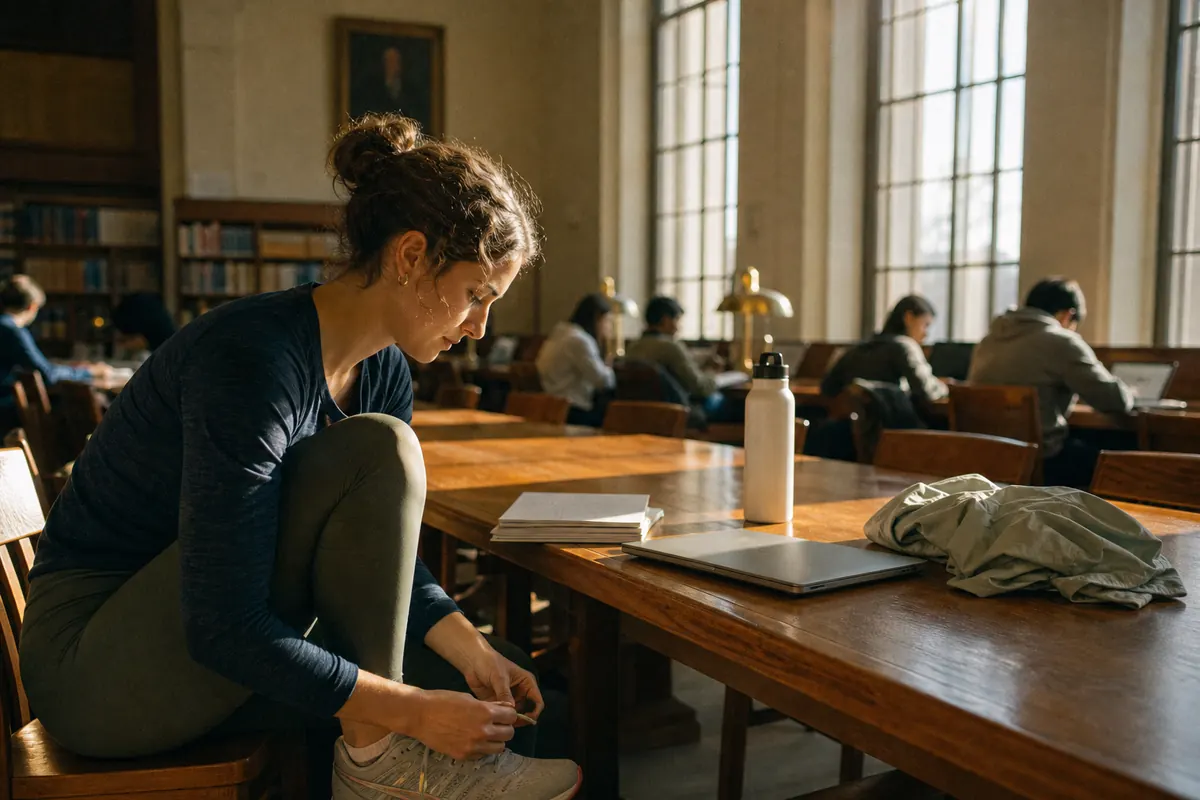 A university student prepares for a post-study run beside closed notes and a laptop in a library.