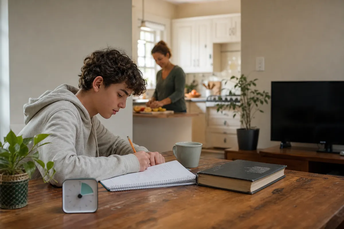 A teenager works at the kitchen table beside a visual timer while a nearby television stays off.