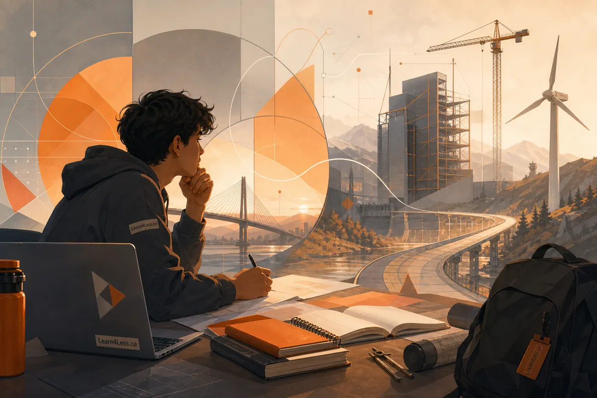 A student with a laptop and notebook looks out toward a bridge, a construction crane and a wind turbine on a hillside.