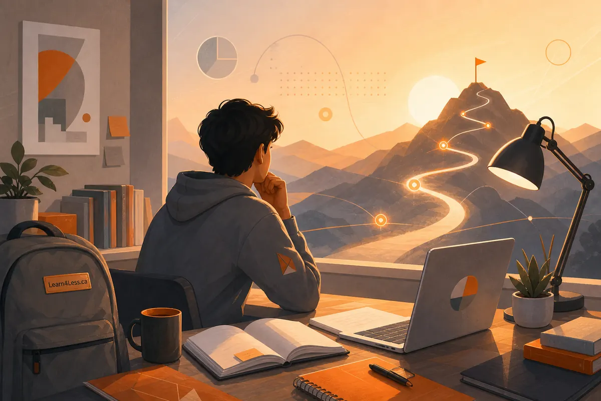 A student at a desk with a laptop, open book and notebook gazes out a window at a mountain path leading to a flag.