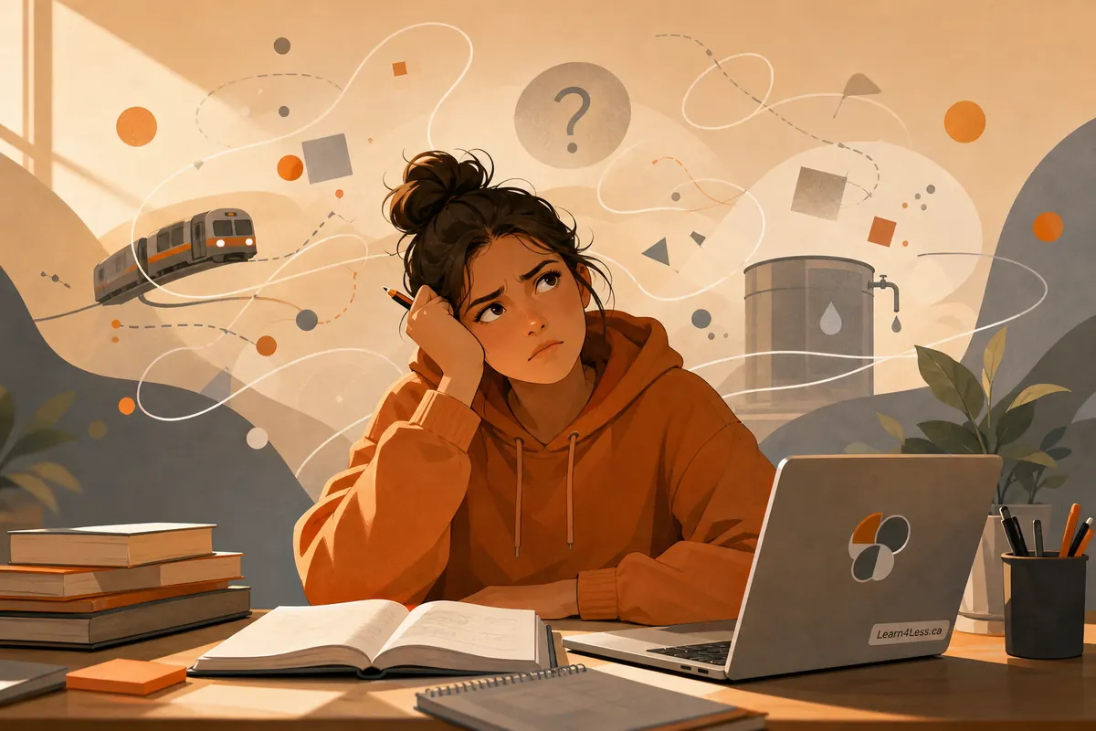 A puzzled woman rests her head on her hand at a desk with a laptop and books, with a train and a water tank drifting behind.