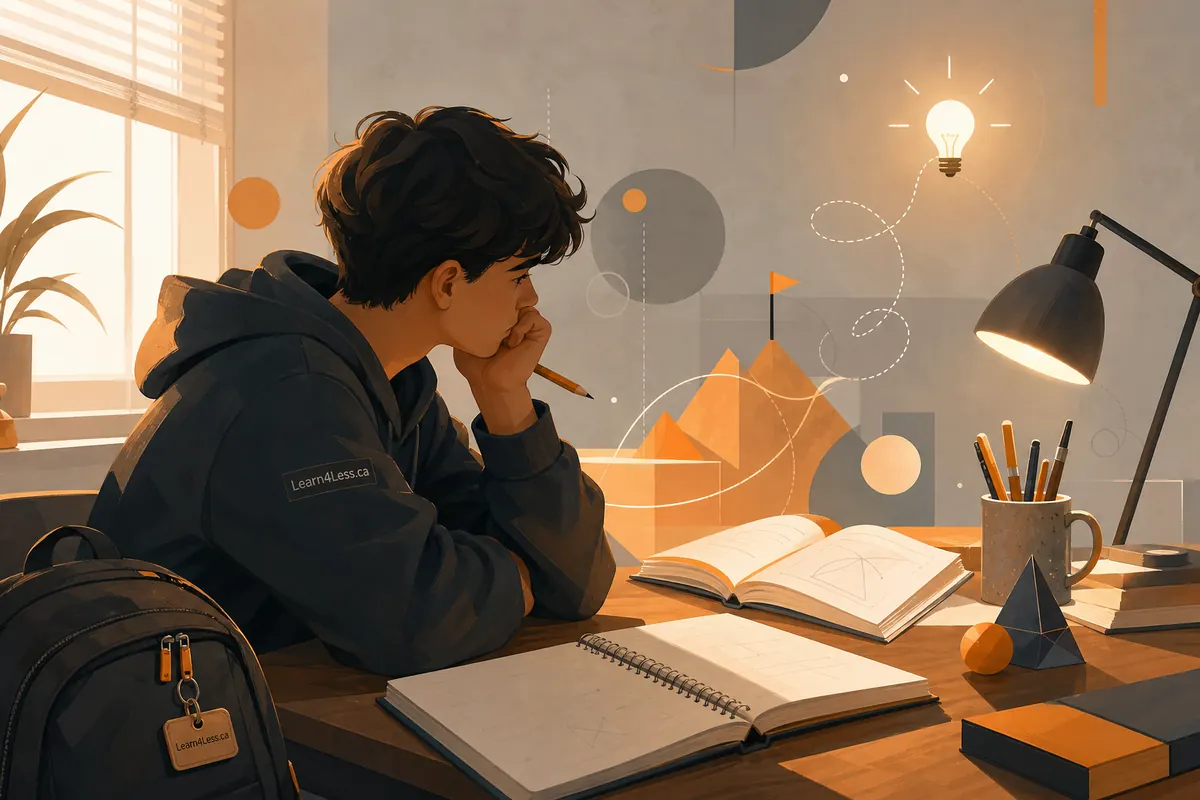 A student holds a pencil to his lips at a desk with an open book and notebook, with a lightbulb glowing above him.