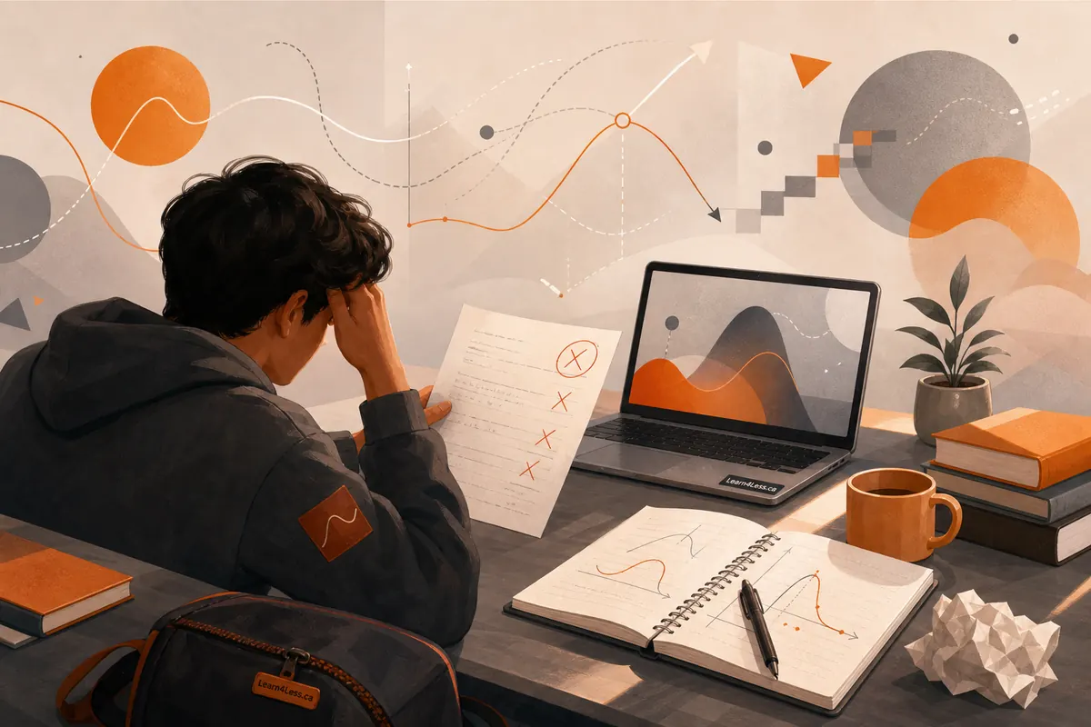 A student holds his head over a marked test paper with red crosses, at a desk with a laptop, notebook and mug.