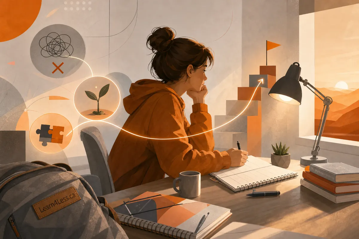 A student in an orange hoodie writes in a notebook at a lamplit desk beside a window at sunset.