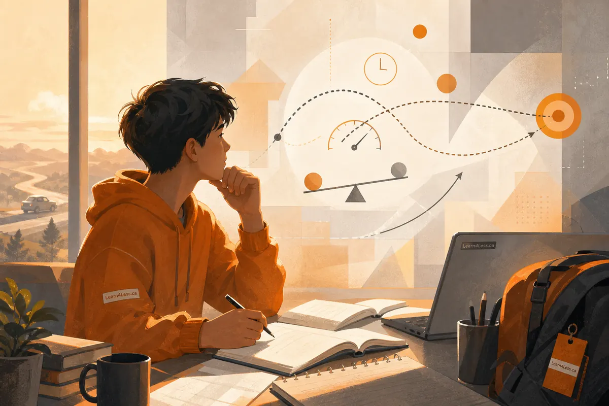 A student in an orange hoodie writes in an open notebook at a desk by a sunny window with a laptop.