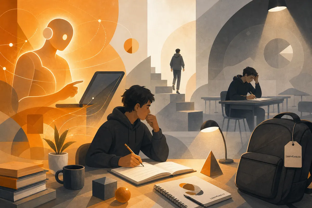 A student writes in a notebook at a desk with a lamp, books and a backpack while another studies behind.