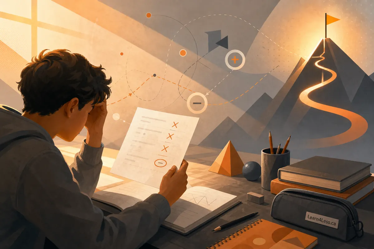 A worried student holds a marked-up quiz page with red crosses above an open notebook on a desk.