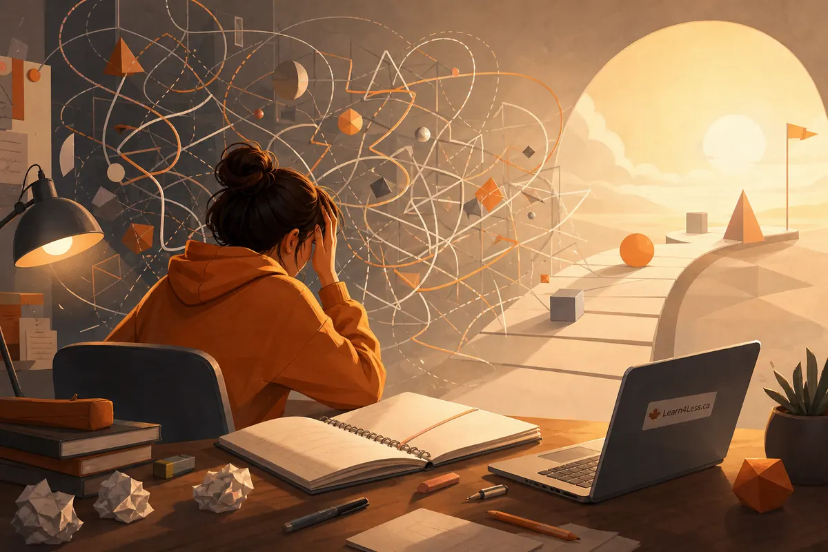 A stressed student holds her head over an open notebook with crumpled paper, a laptop and a plant nearby.