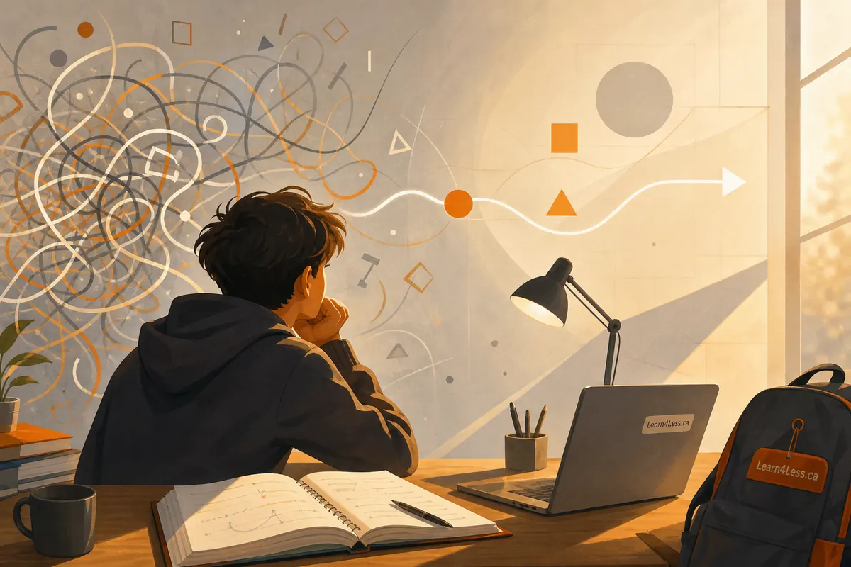 A student sits with his back to us at a desk with an open notebook, a laptop, a lamp and a backpack.