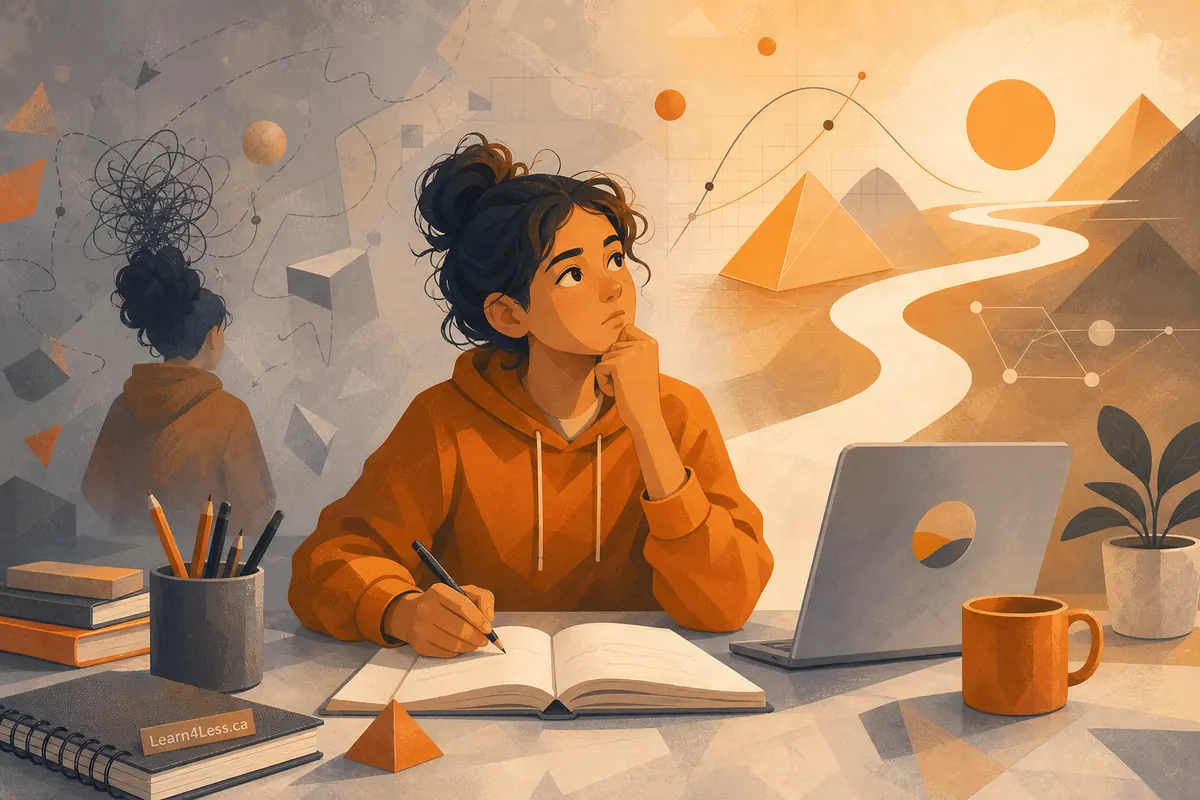 A smiling student in an orange hoodie writes in an open notebook at a desk with a laptop and a mug.