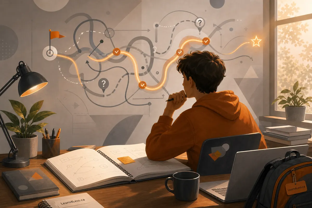 A student in an orange hoodie sits at a desk with a notebook, laptop and backpack, facing a winding line on the wall.
