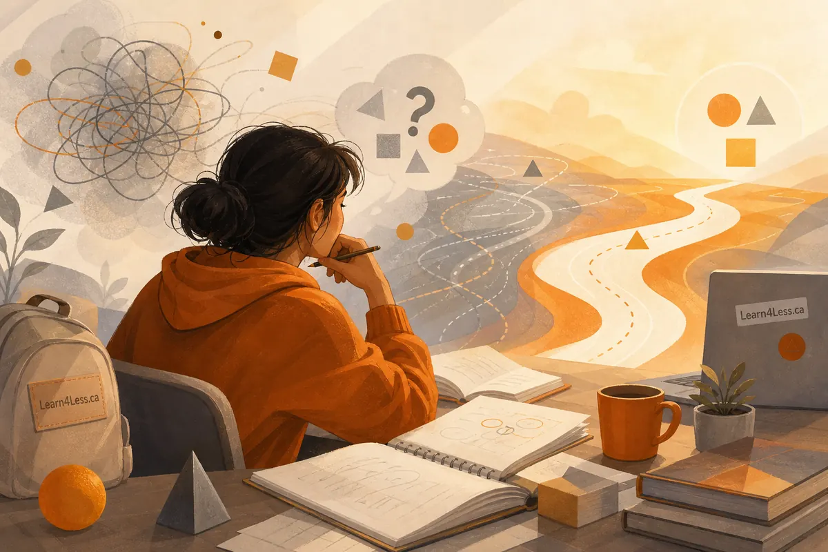 A student in an orange hoodie holds a pen over open notebooks at a desk with a mug, a backpack and a laptop.