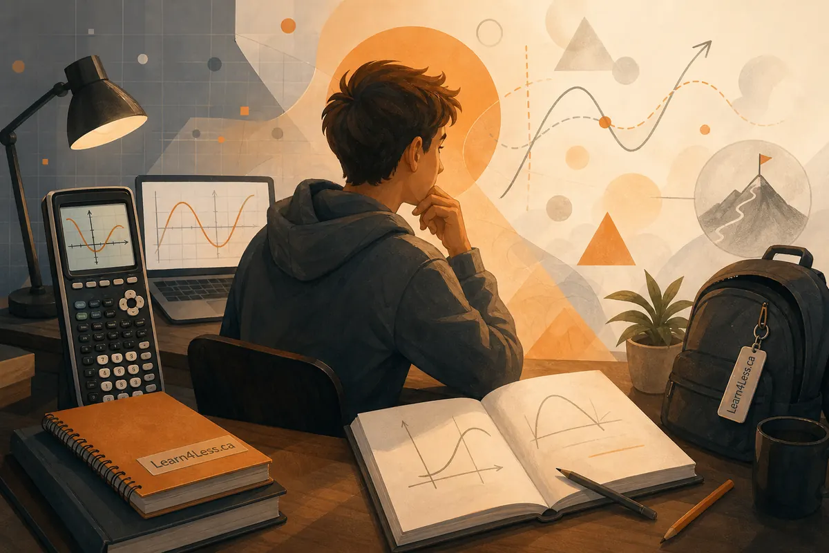 A student at a desk with a graphing calculator, a laptop and an open notebook showing curve sketches.