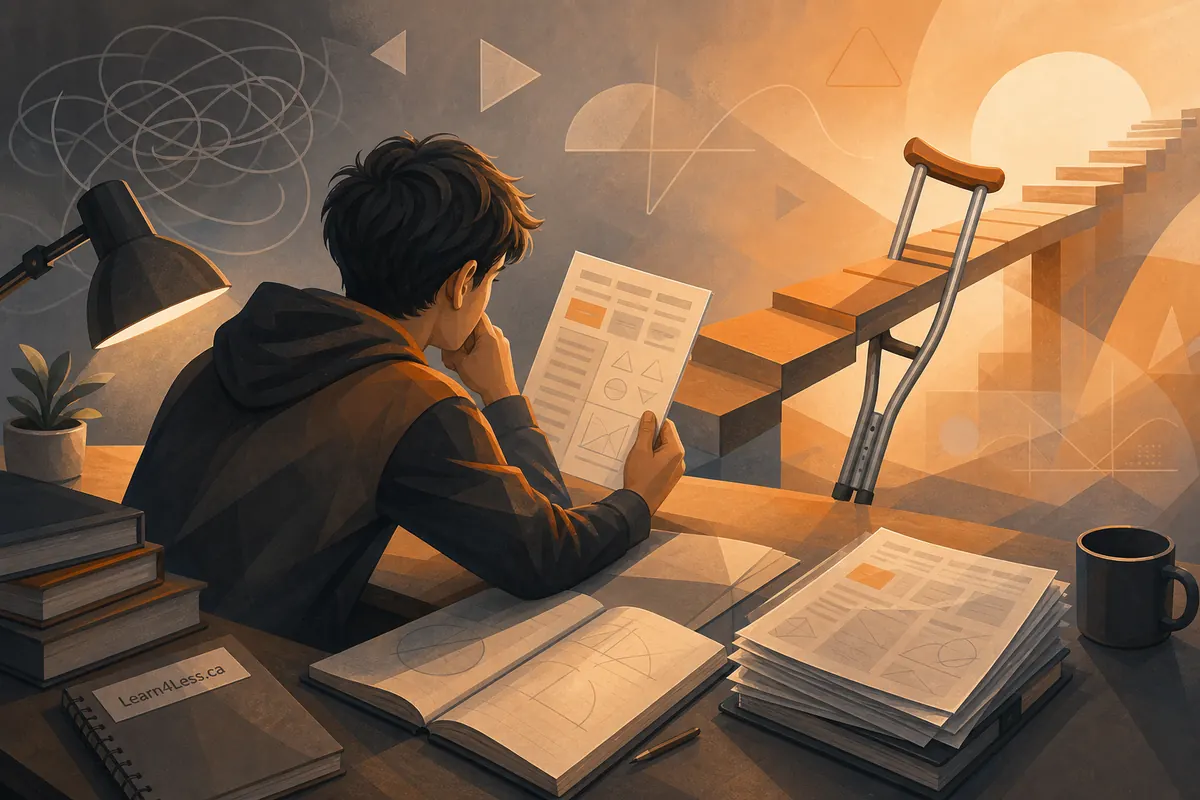 A student in a hoodie studies a formula sheet at a cluttered desk, with a crutch leaning on a staircase beside them.