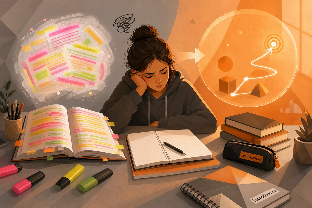 A tired student rests her head on her hand between a heavily highlighted textbook and a blank notebook, with markers nearby.