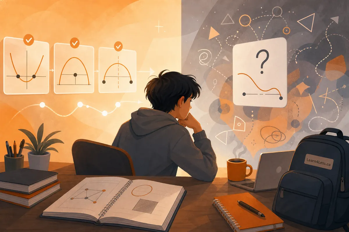 A student seen from behind rests chin in hand, facing checked graph cards and one card with a question mark.