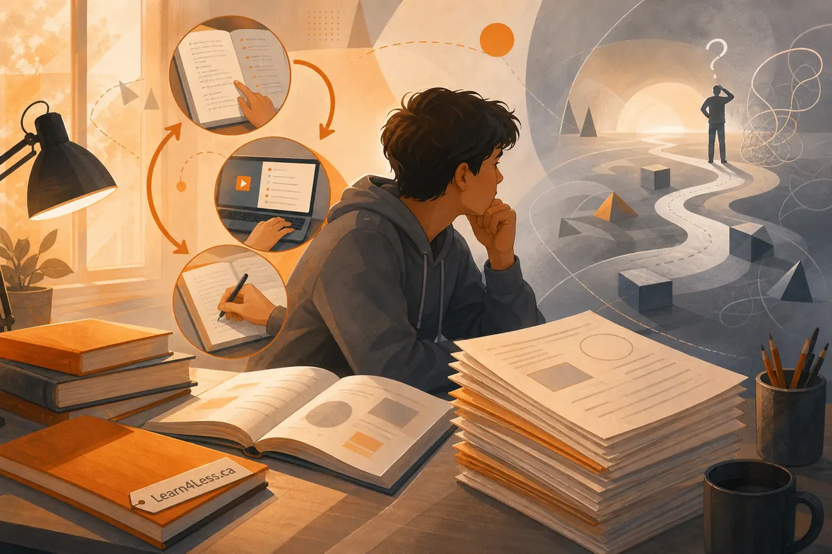 A student ponders at a desk with stacked worksheets and an open textbook, with a small figure on a winding path behind.