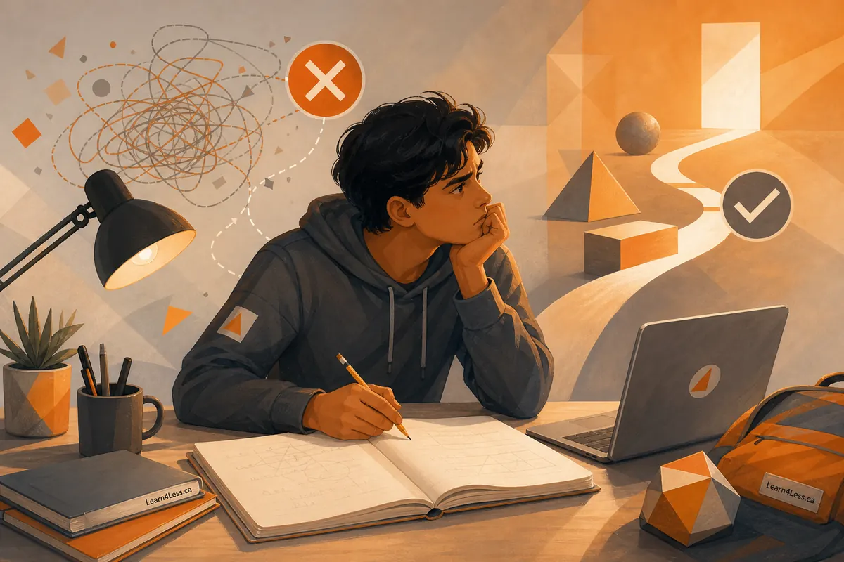 A student holding a pencil over a notebook looks aside, with a crossed-out tangle on one side and a checkmark on the other.