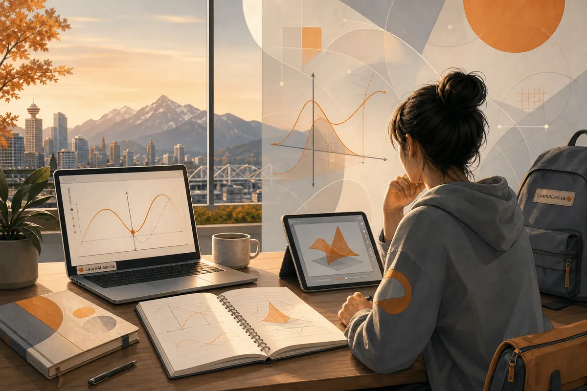 A student studies calculus graphs on a laptop and tablet beside an open notebook, with a mountain view through the window.
