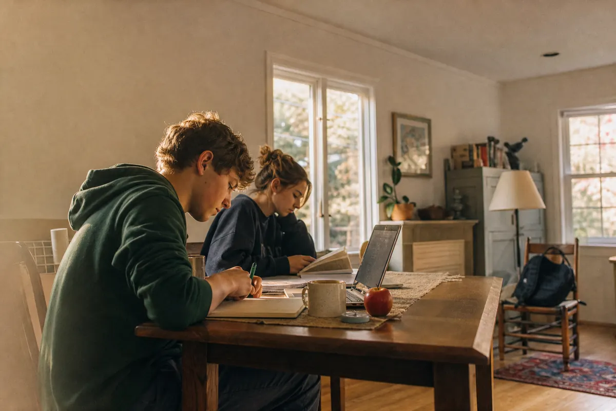 A teen works on homework beside an older sibling, with a timer nearby and a phone tucked in a distant backpack.