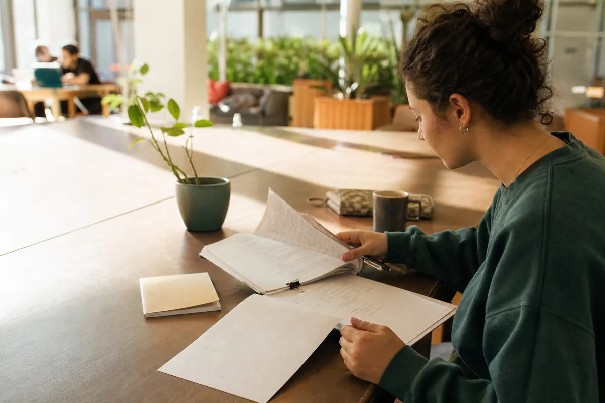 A student at a community-centre table checks a completed practice test against open notes before retrying.