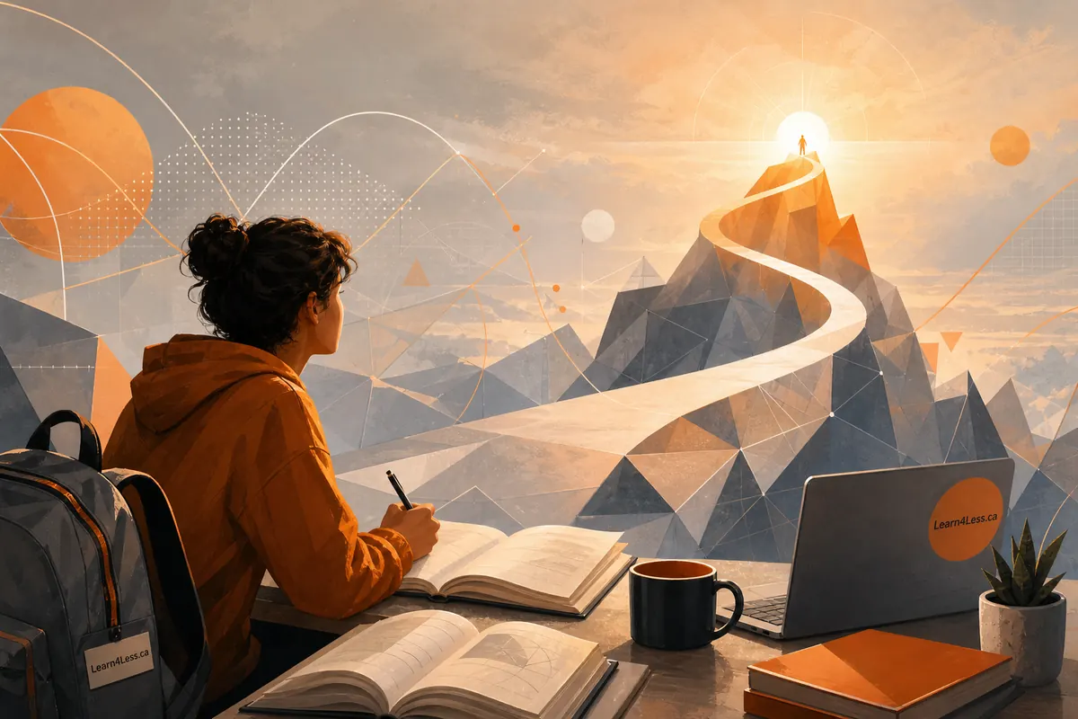 A student in an orange hoodie writes in an open book at a desk, with a mountain path winding up toward a bright summit.