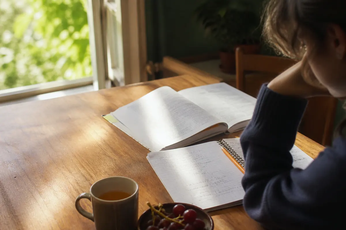 A person with a hand to their head sits at a wooden table by a sunny window with open notebooks and a cup of tea.