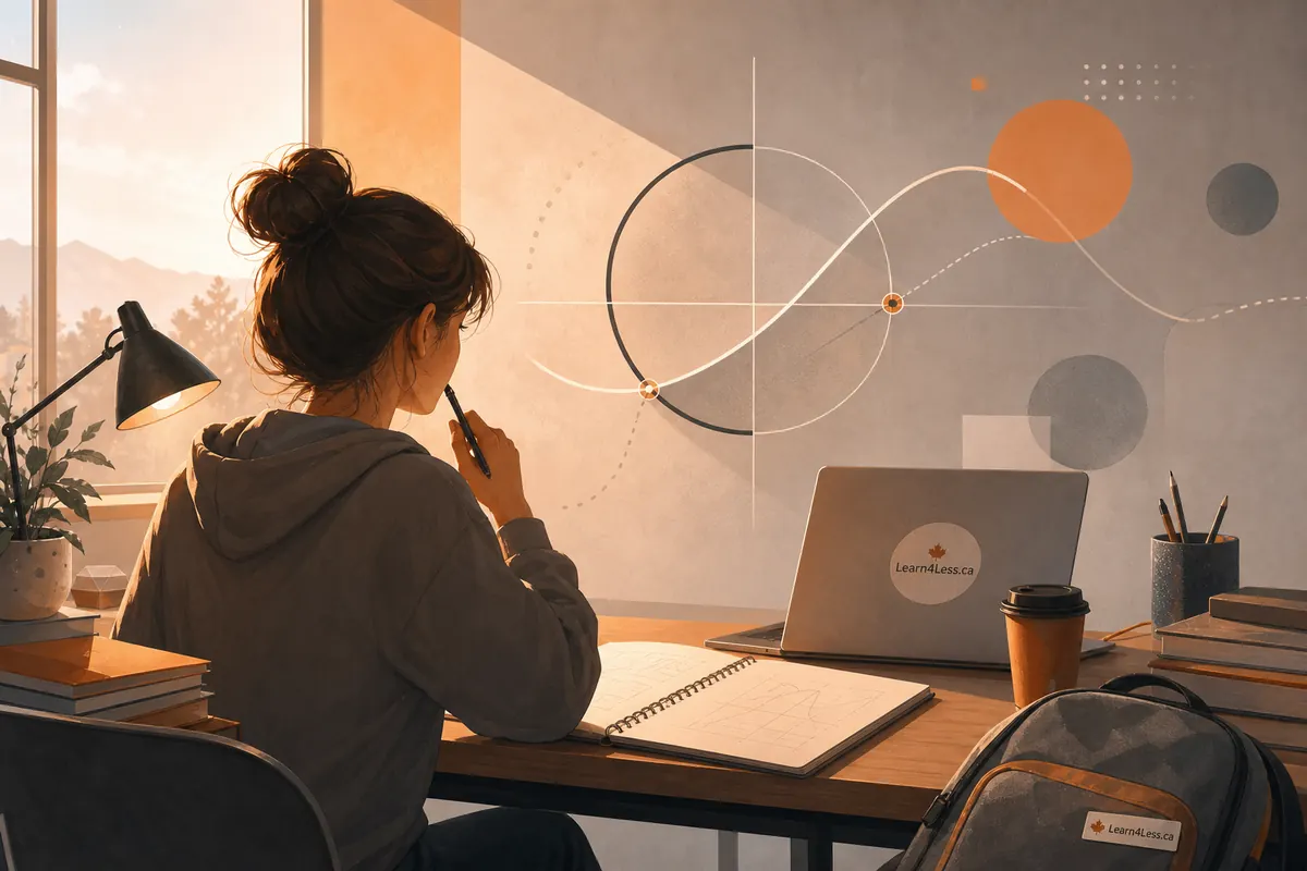 A student with a pen to her lips sits at a desk with a laptop and notebook, facing a wall with a curve and circle on it.