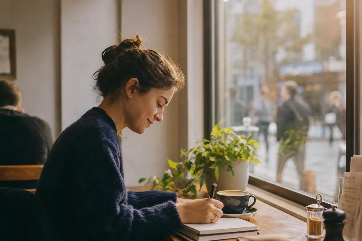 A woman in a dark sweater writes in a notebook at a cafe table by a window, with a coffee cup and a leafy plant.