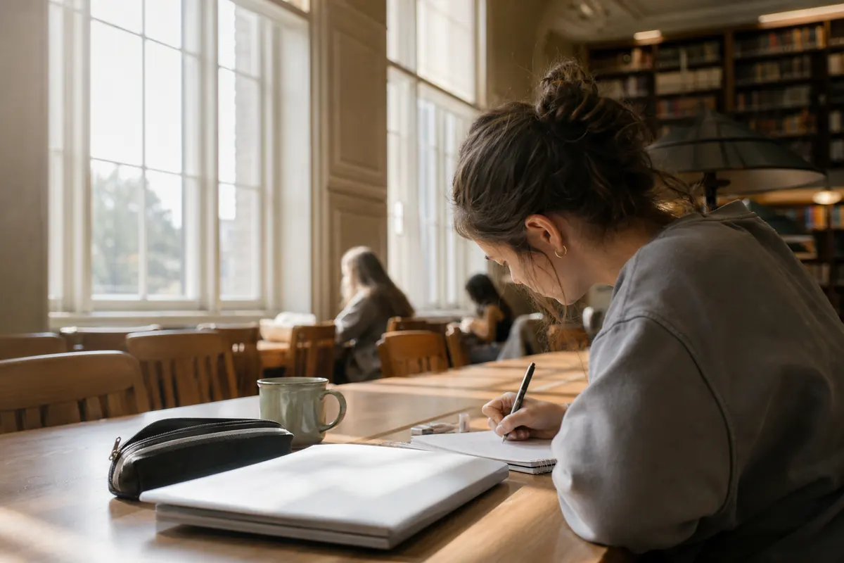 A student in a library works on a fresh calculus problem with lecture notes closed beside the page.