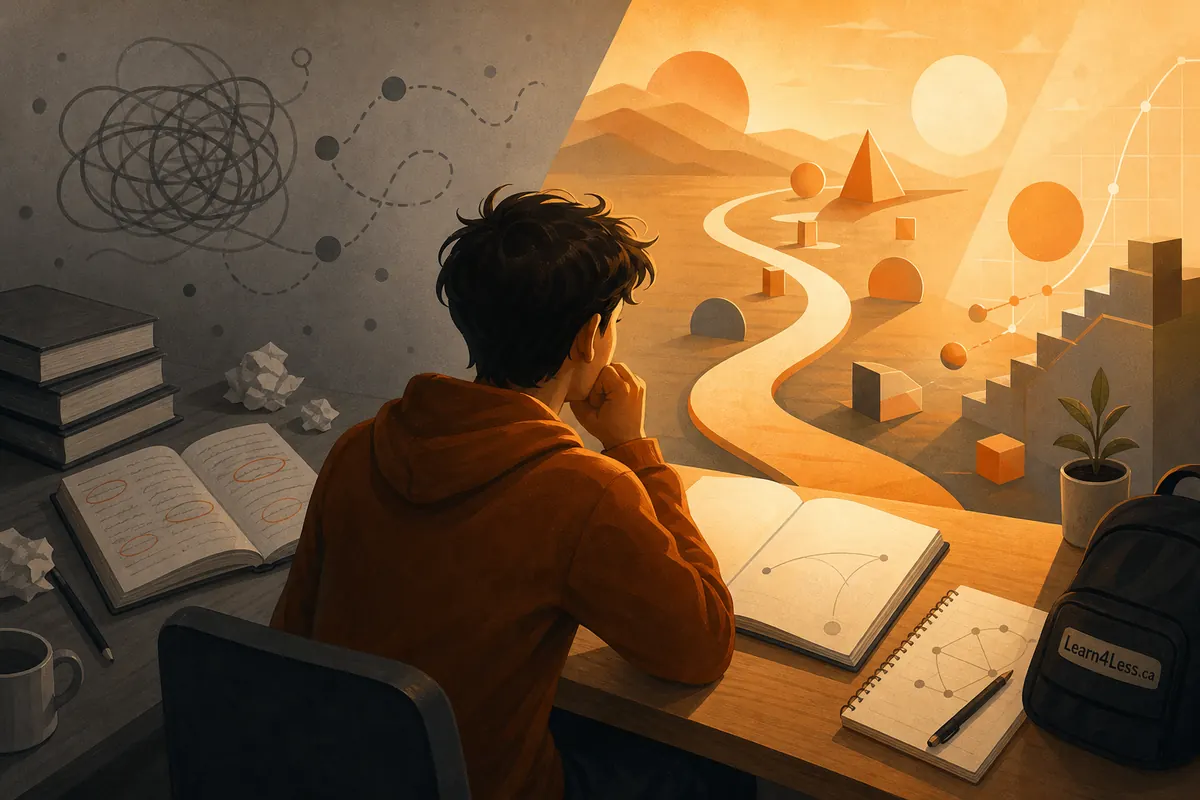 A student with his chin on his hand sits at a desk with open notebooks and crumpled paper, facing a bright winding path.