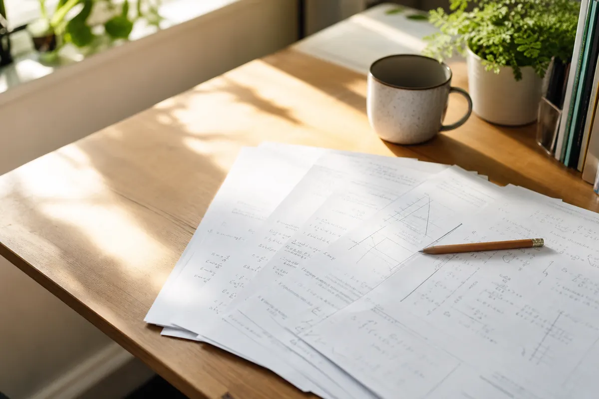 Several sheets of handwritten math practice lie fanned out on a wooden desk beside a ceramic mug, a pencil and a plant.
