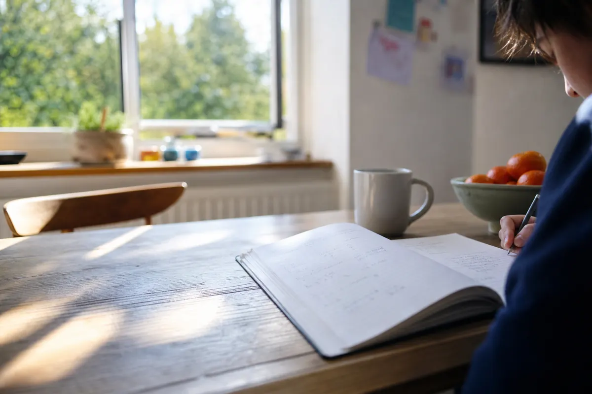 A student writes in an open notebook at a wooden table by a sunny window, with a mug and a bowl of oranges nearby.