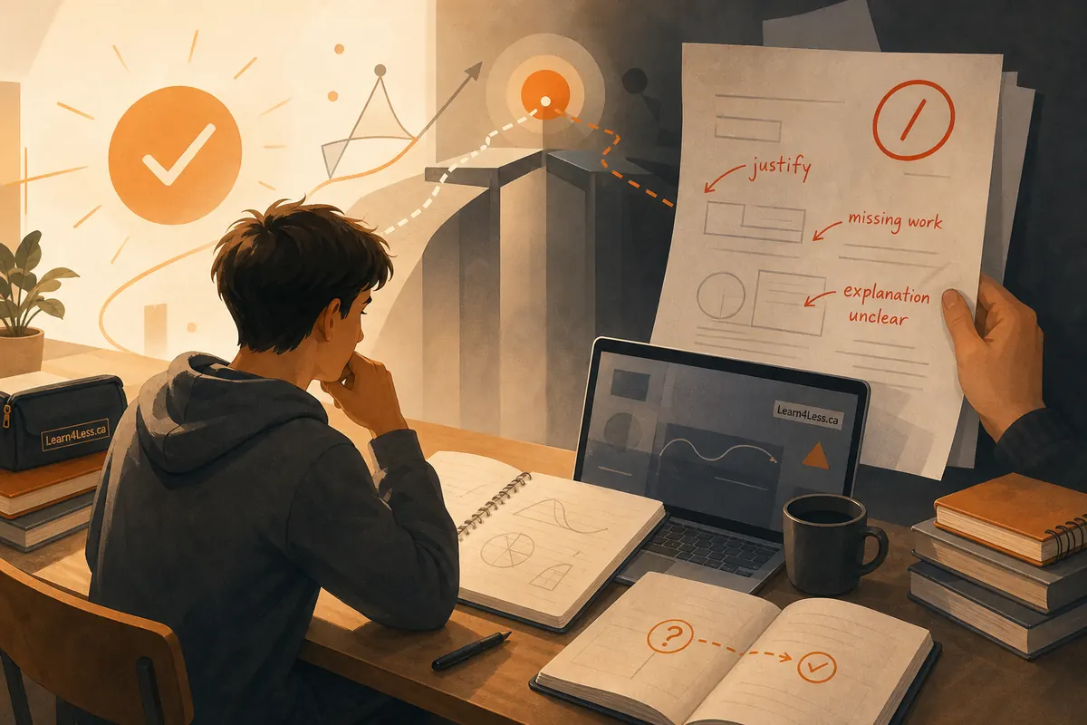 A student at a desk with a notebook and laptop looks at a marked paper noting missing work and an unclear explanation.