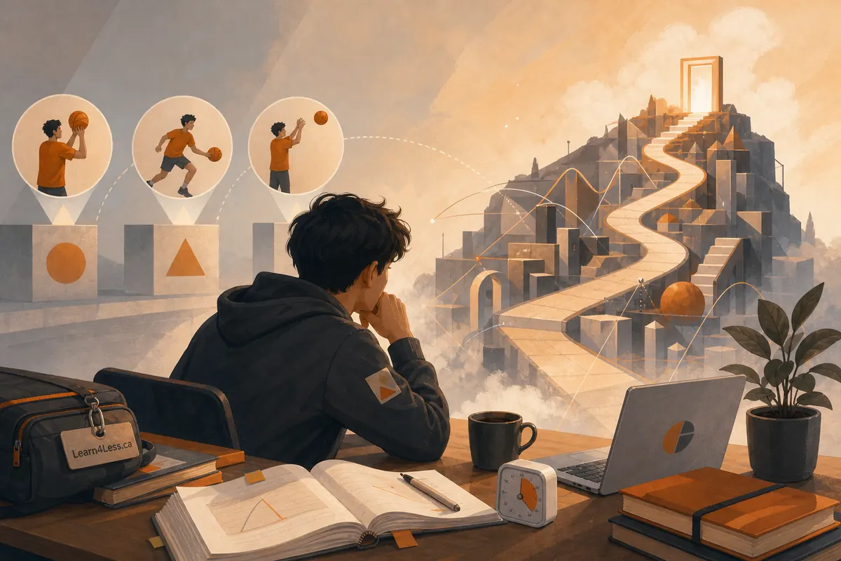 A student at a desk with an open textbook and laptop looks toward a basketball player shooting and a winding stair path.